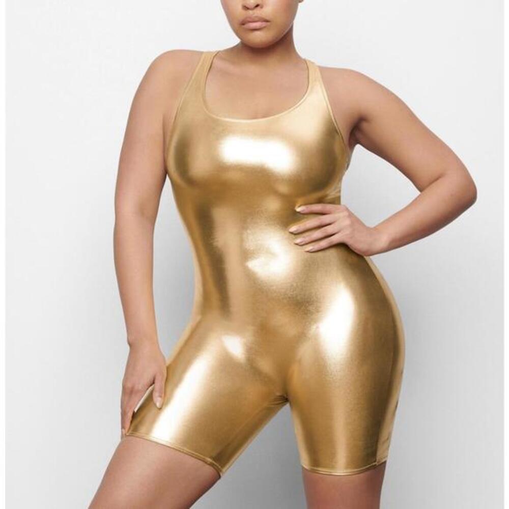 SKIMS Metallic Gold Cycle Suit Bodysuit Unitard Rare NWT Size S